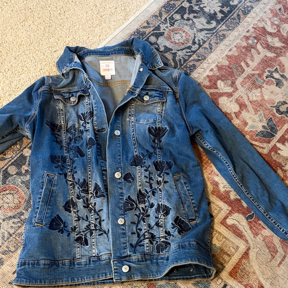 LuLaRoe Denim Jacket with Dark Blue Floral Design